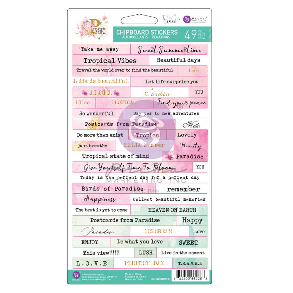 Prima The 3 Girls Tale Postcards from Paradise Chipboard Phrase Stickers